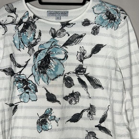 Samantha Grey, silver striped floral, sequin top size medium - Picture 2 of 11